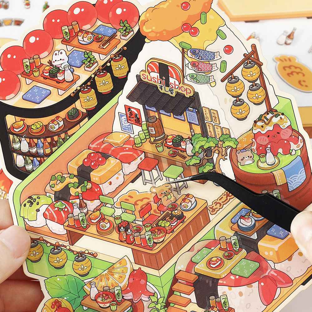 Cute Bunny Store 8.0 – Mini Shop Series 3D Sticker Scenes – 4 Theme Sets: Hot Pot Restaurant | Dessert Shop | Burger Shop | Sushi Bar