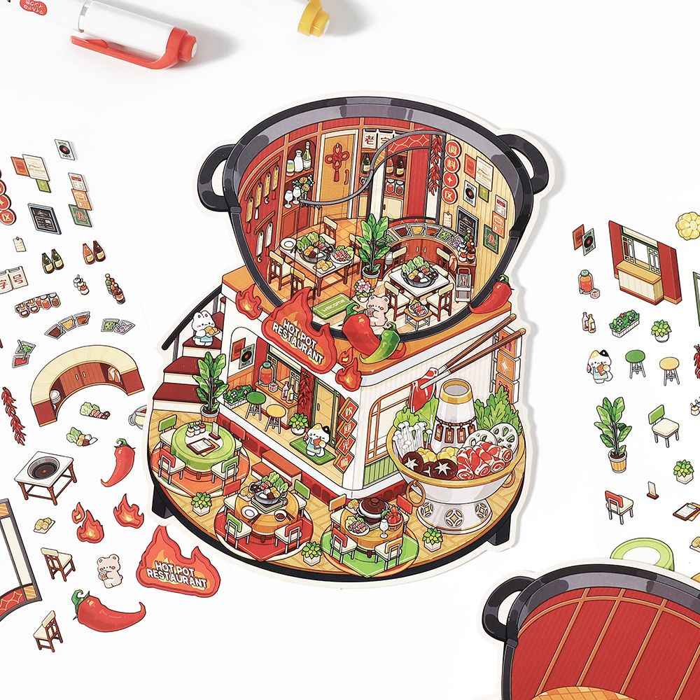 Cute Bunny Store 8.0 – Mini Shop Series 3D Sticker Scenes – 4 Theme Sets: Hot Pot Restaurant | Dessert Shop | Burger Shop | Sushi Bar