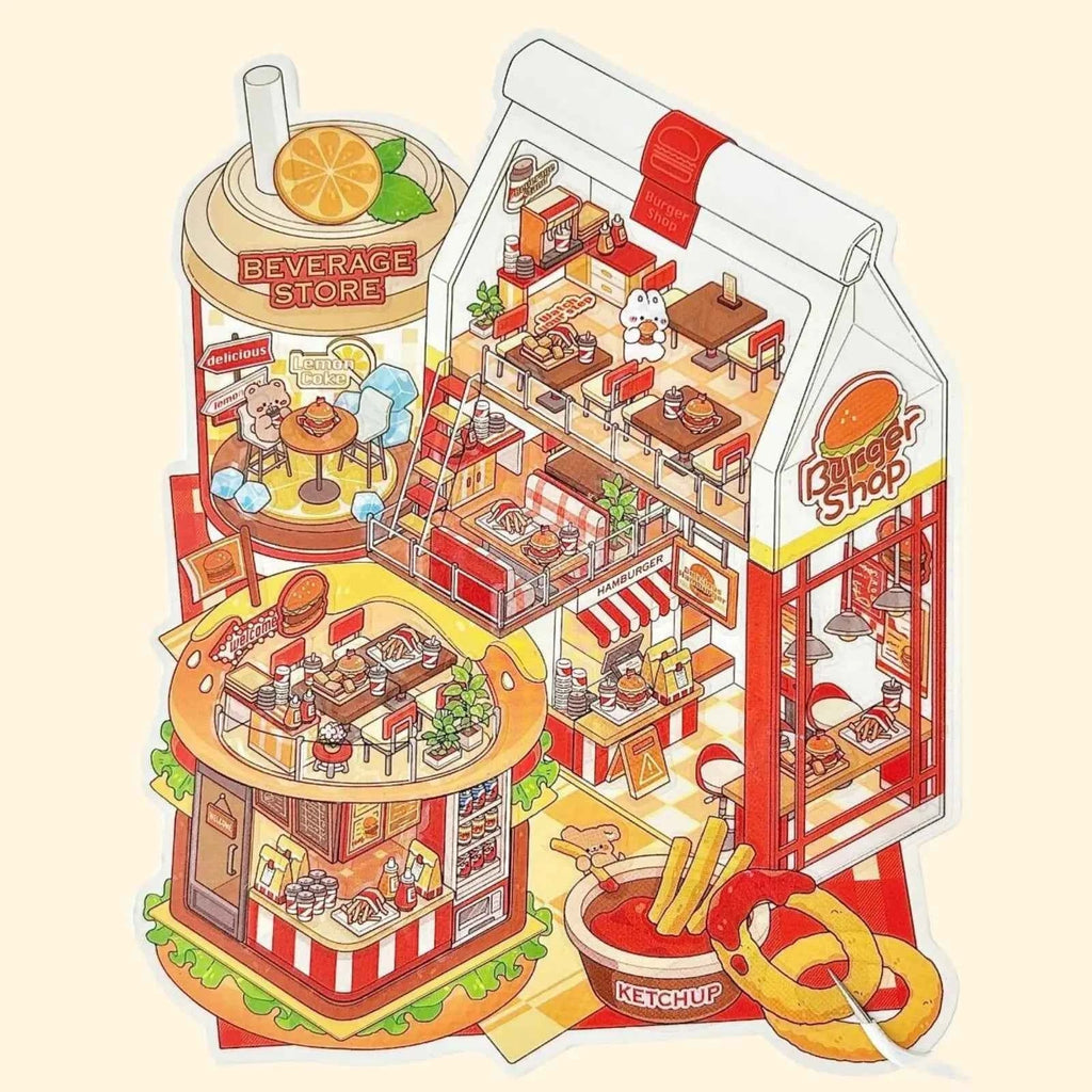 Cute Bunny Store 8.0 – Mini Shop Series 3D Sticker Scenes – 4 Theme Sets: Hot Pot Restaurant | Dessert Shop | Burger Shop | Sushi Bar