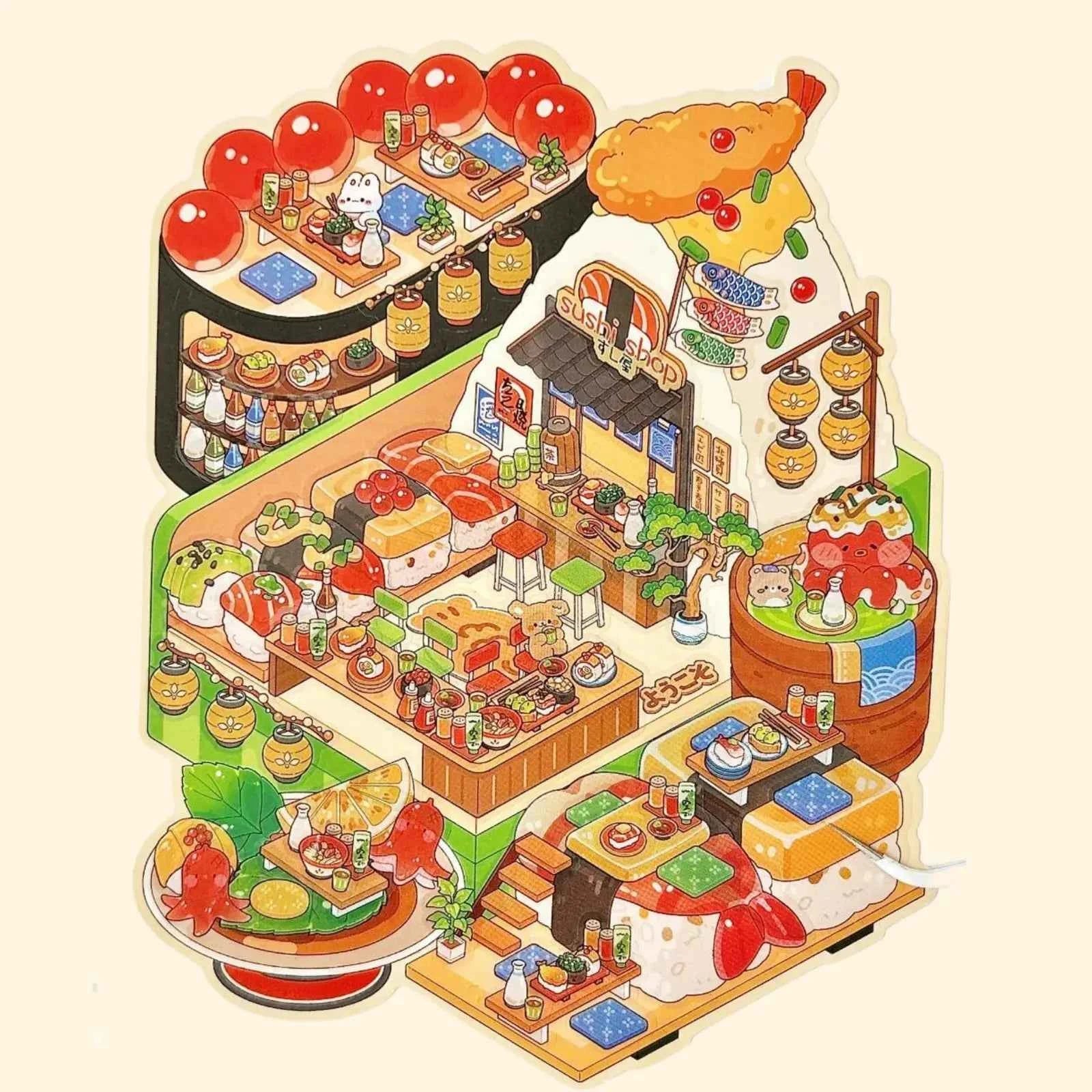 Cute Bunny Store 8.0 – Mini Shop Series 3D Sticker Scenes – 4 Theme Sets: Hot Pot Restaurant | Dessert Shop | Burger Shop | Sushi Bar