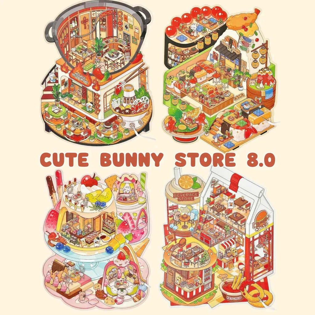 Cute Bunny Store 8.0 – Mini Shop Series 3D Sticker Scenes – 4 Theme Sets: Hot Pot Restaurant | Dessert Shop | Burger Shop | Sushi Bar