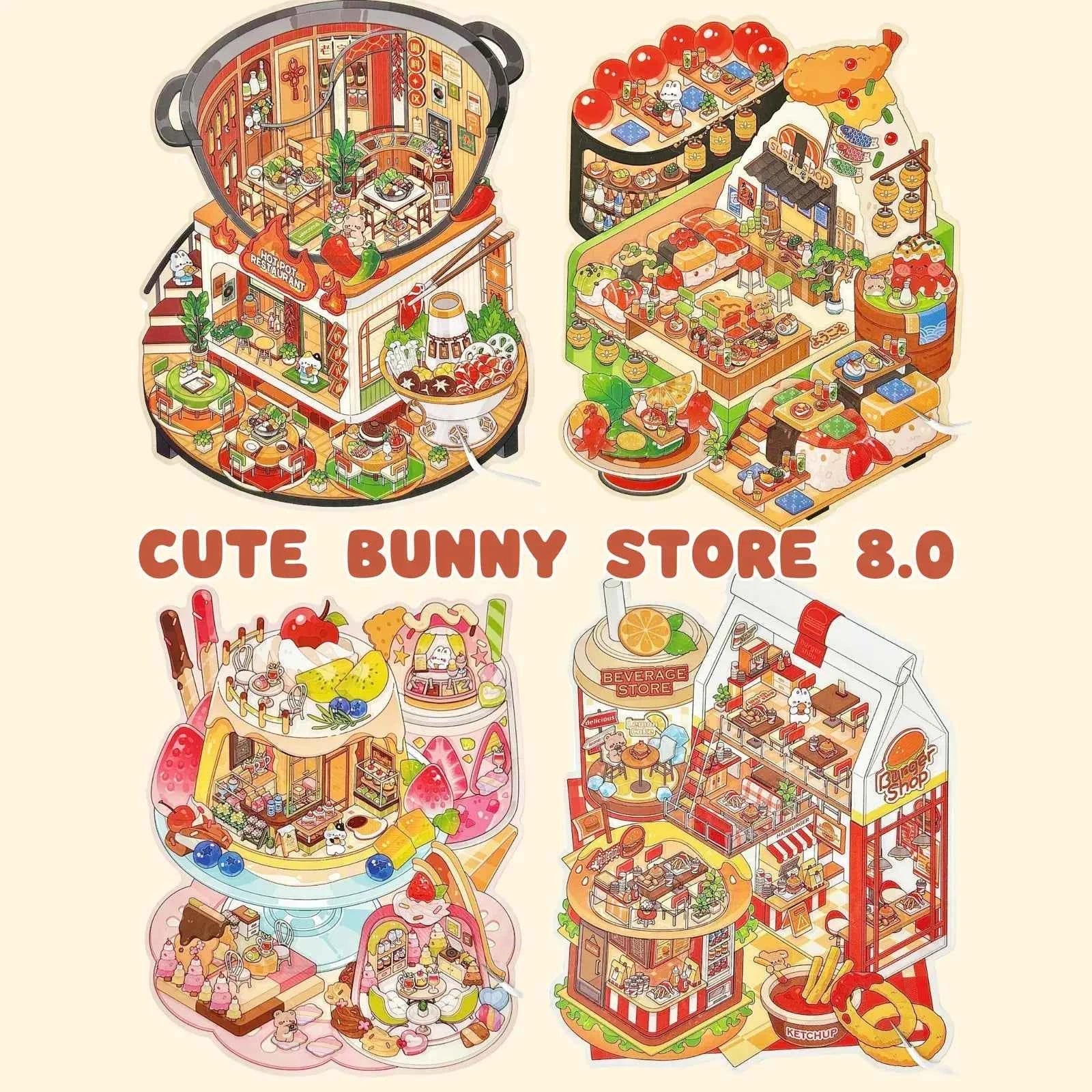 Cute Bunny Store 8.0 – Mini Shop Series 3D Sticker Scenes – 4 Theme Sets: Hot Pot Restaurant | Dessert Shop | Burger Shop | Sushi Bar