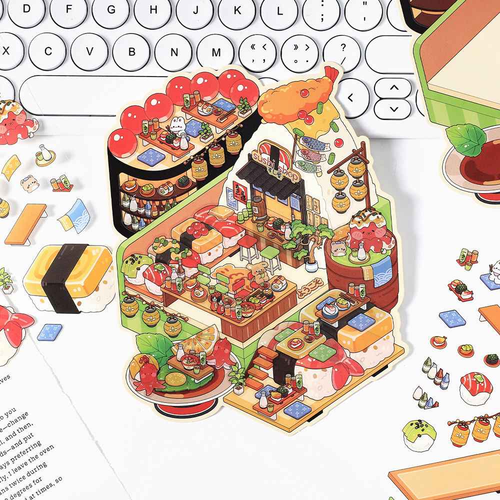 Cute Bunny Store 8.0 – Mini Shop Series 3D Sticker Scenes – 4 Theme Sets: Hot Pot Restaurant | Dessert Shop | Burger Shop | Sushi Bar