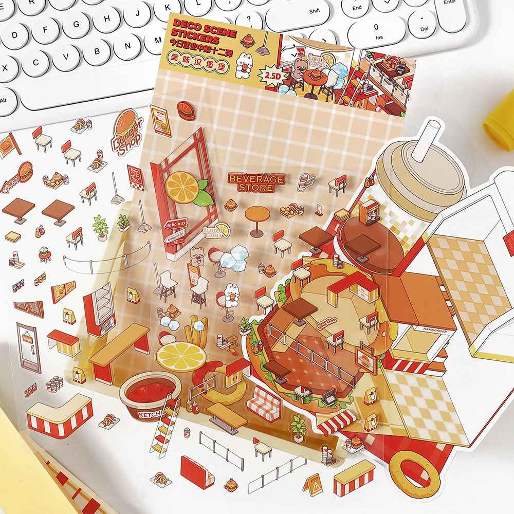 Cute Bunny Store 8.0 – Mini Shop Series 3D Sticker Scenes – 4 Theme Sets: Hot Pot Restaurant | Dessert Shop | Burger Shop | Sushi Bar