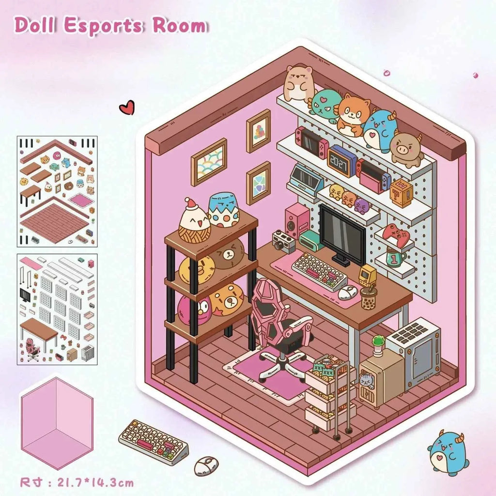 Room Corners – 3D Miniature Sticker Scenes – 4 Theme Sets: Study Corner | Time Mini Store | Cute Makeup Room | Doll Gaming Room