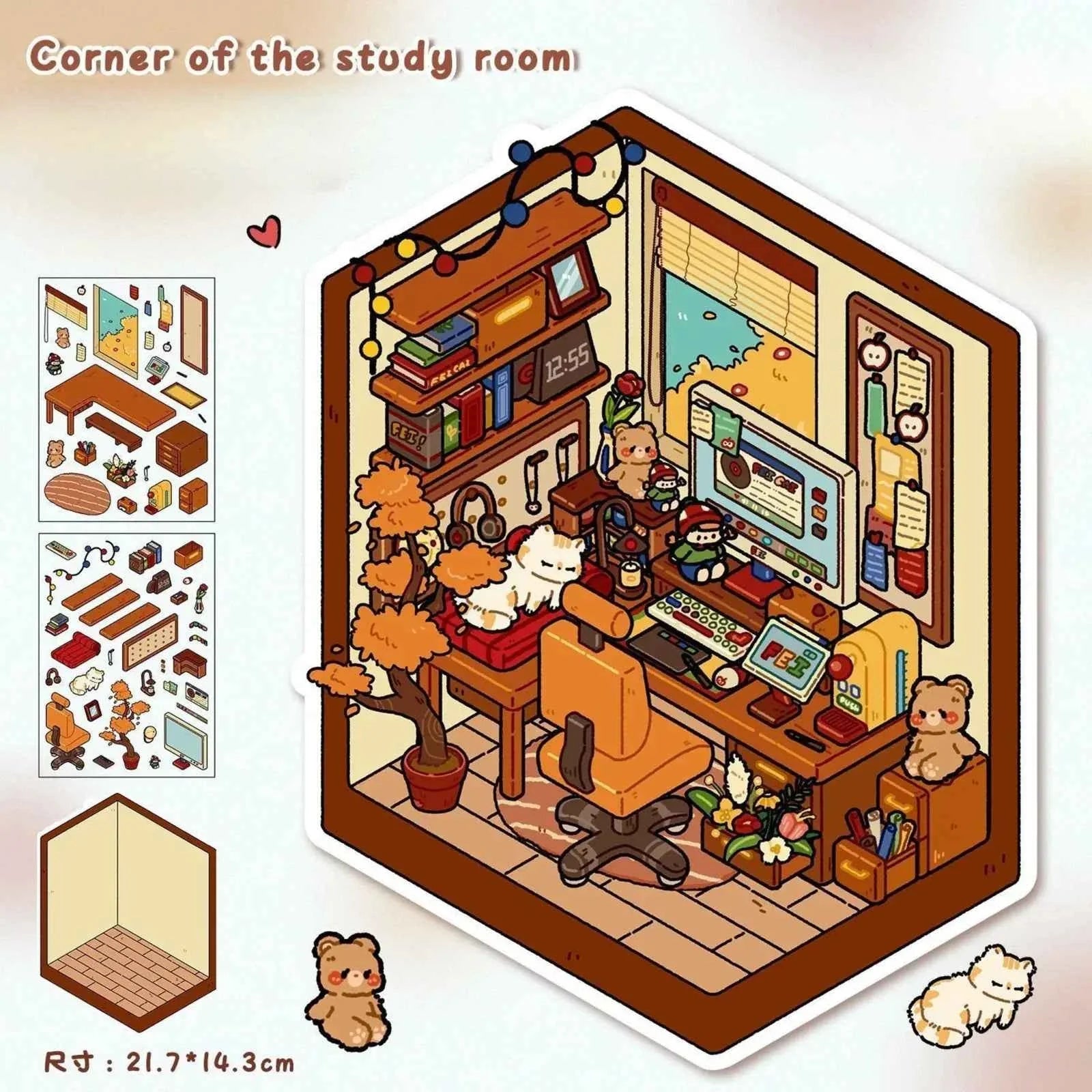 Room Corners – 3D Miniature Sticker Scenes – 4 Theme Sets: Study Corner | Time Mini Store | Cute Makeup Room | Doll Gaming Room