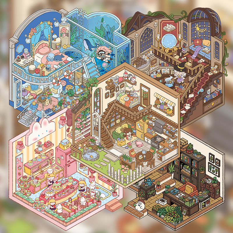 Yuki's Adventure – 3D Miniature Sticker Scenes – 11 Theme Sets: Dollhouse | Magic House | Aquarium | Dessert House | Botanical Lab | Space Capsule | Mushroom Manor | School | Camper Van | Cat Café | Animal Museum