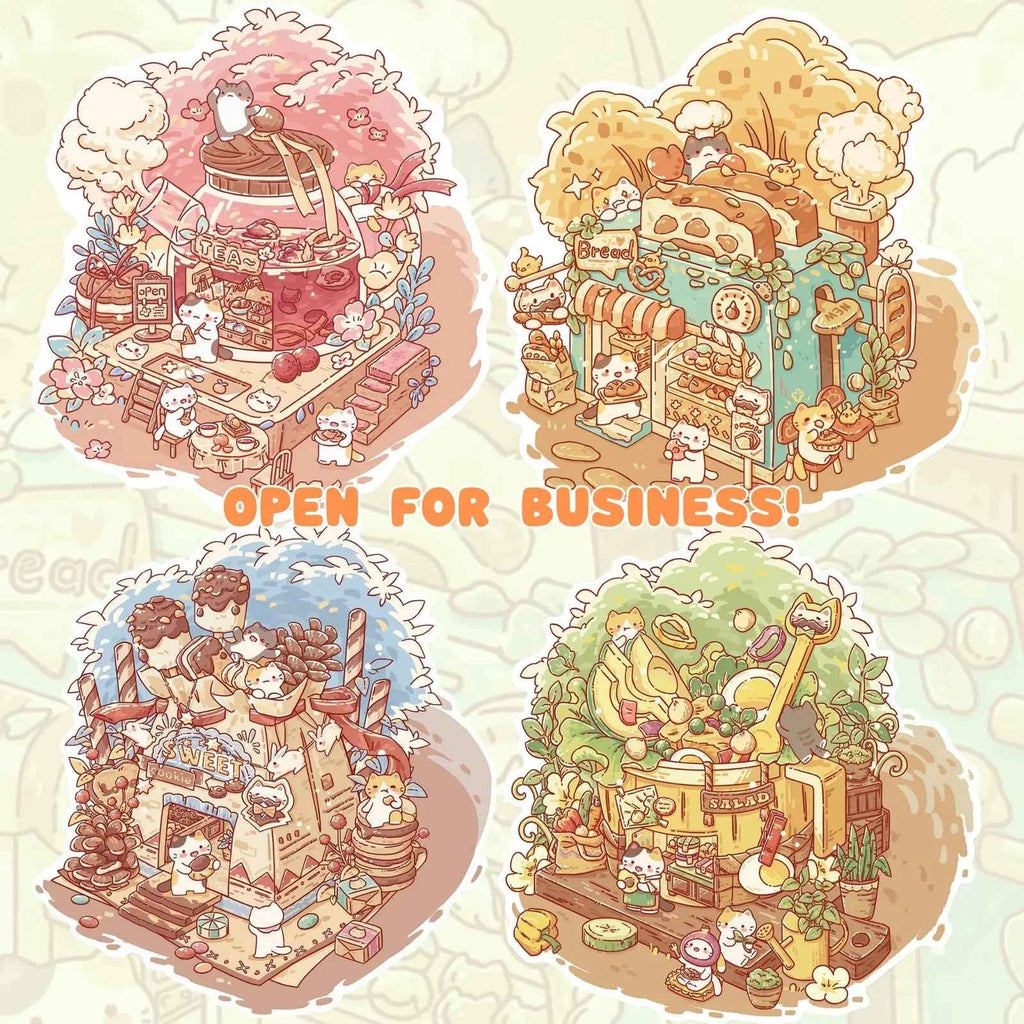 Cute Cat 6.0 – Open for Business! 3D Miniature Sticker Scenes – 4 Theme Sets: Soft Toast House | Avocado Salad | Chocolate House | Chenpi Rose Teapot