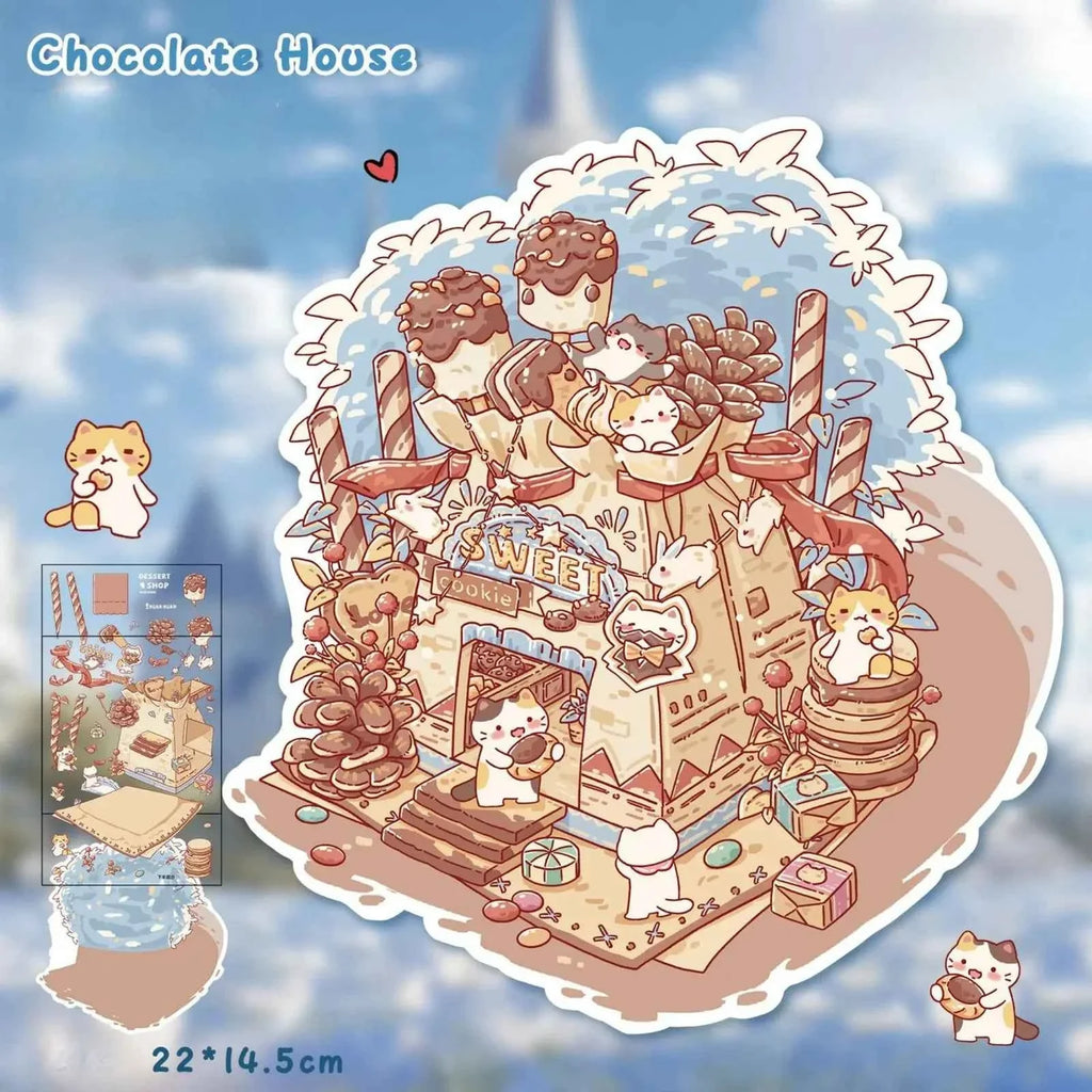 Cute Cat 6.0 – Open for Business! 3D Miniature Sticker Scenes – 4 Theme Sets: Soft Toast House | Avocado Salad | Chocolate House | Chenpi Rose Teapot