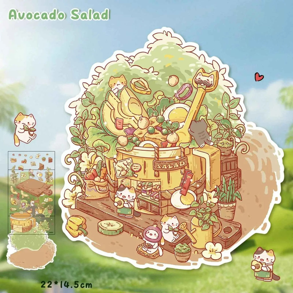 Cute Cat 6.0 – Open for Business! 3D Miniature Sticker Scenes – 4 Theme Sets: Soft Toast House | Avocado Salad | Chocolate House | Chenpi Rose Teapot