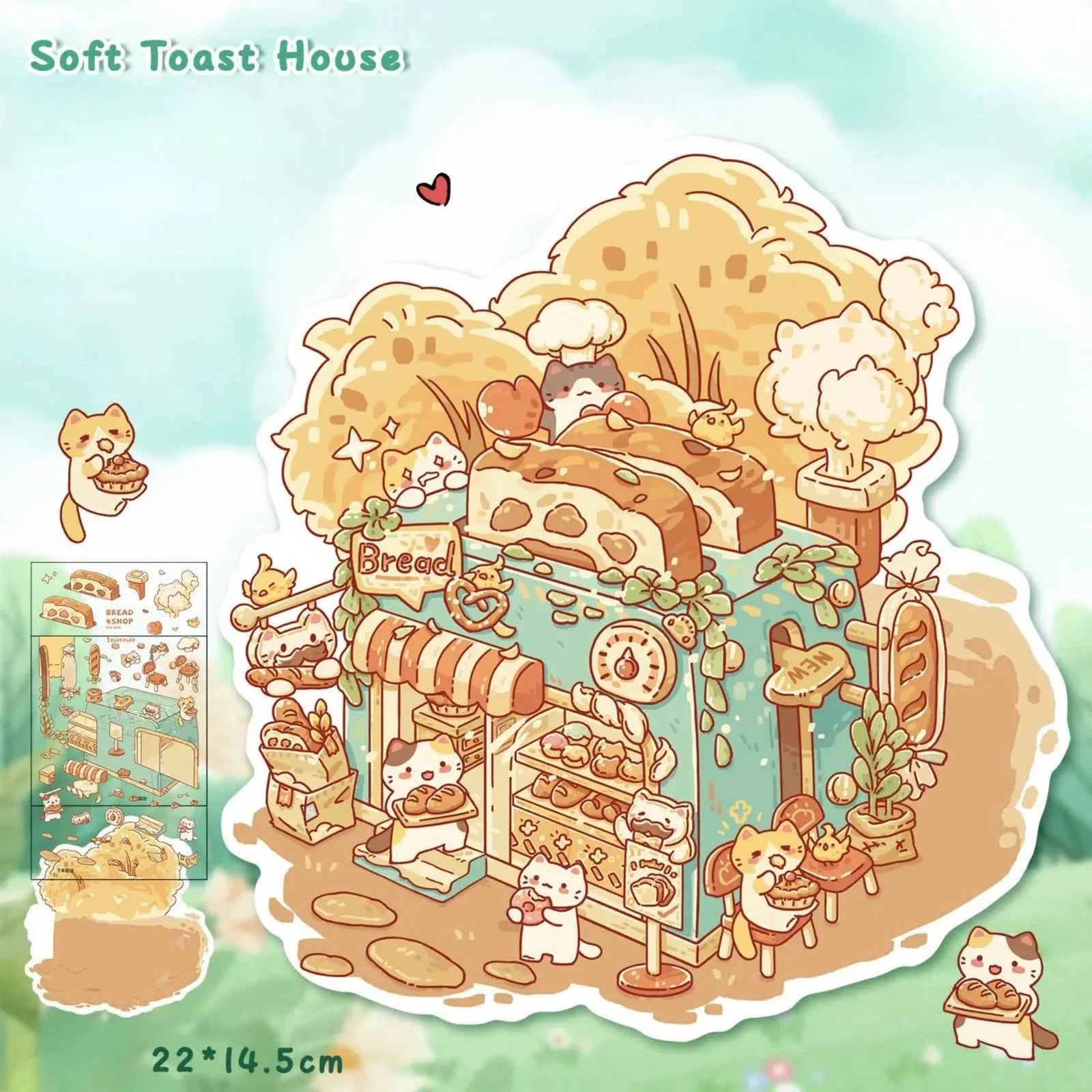 Cute Cat 6.0 – Open for Business! 3D Miniature Sticker Scenes – 4 Theme Sets: Soft Toast House | Avocado Salad | Chocolate House | Chenpi Rose Teapot
