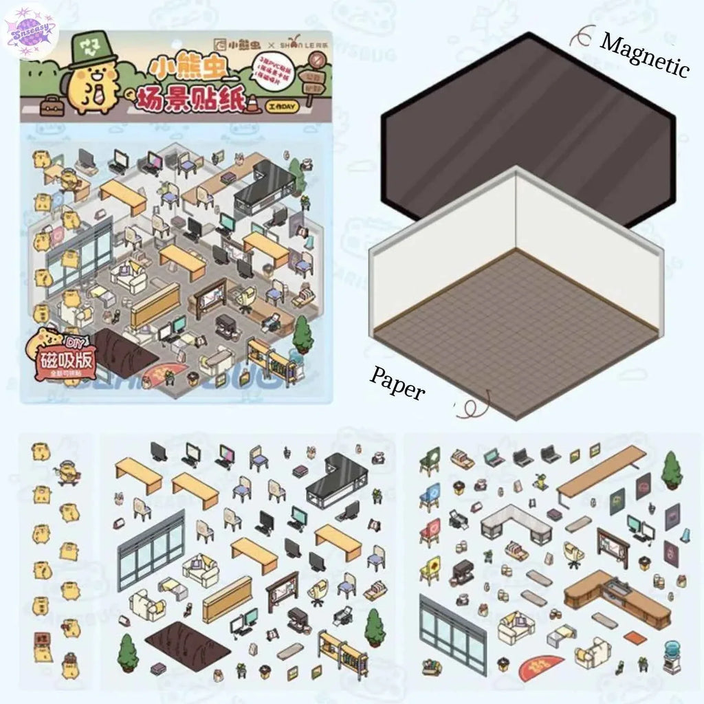 A Day with Cute Bear – 3D Scene Sticker with Bonus Magnetic Sheet – 4 Theme Sets: Stay-at-Home | Work | Camping | Desserts