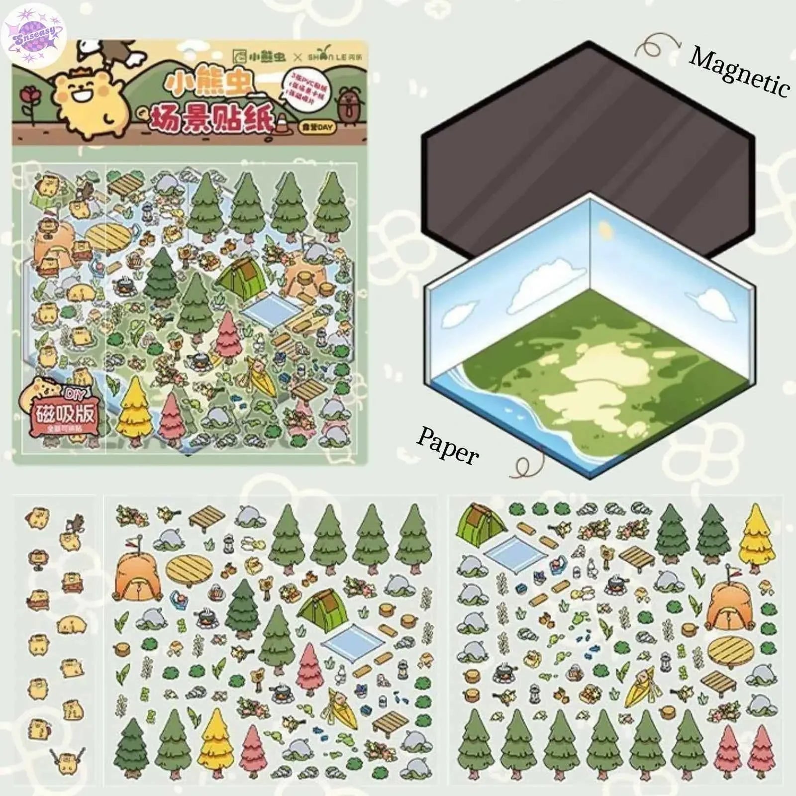 A Day with Cute Bear – 3D Scene Sticker with Bonus Magnetic Sheet – 4 Theme Sets: Stay-at-Home | Work | Camping | Desserts