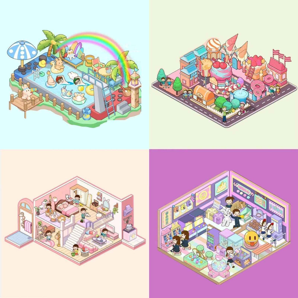 Childhood Dreams 3D Isometric Room Stickers - 4 Theme Sets: Pool Party | Arcade | Pink Loft | Dessert Street