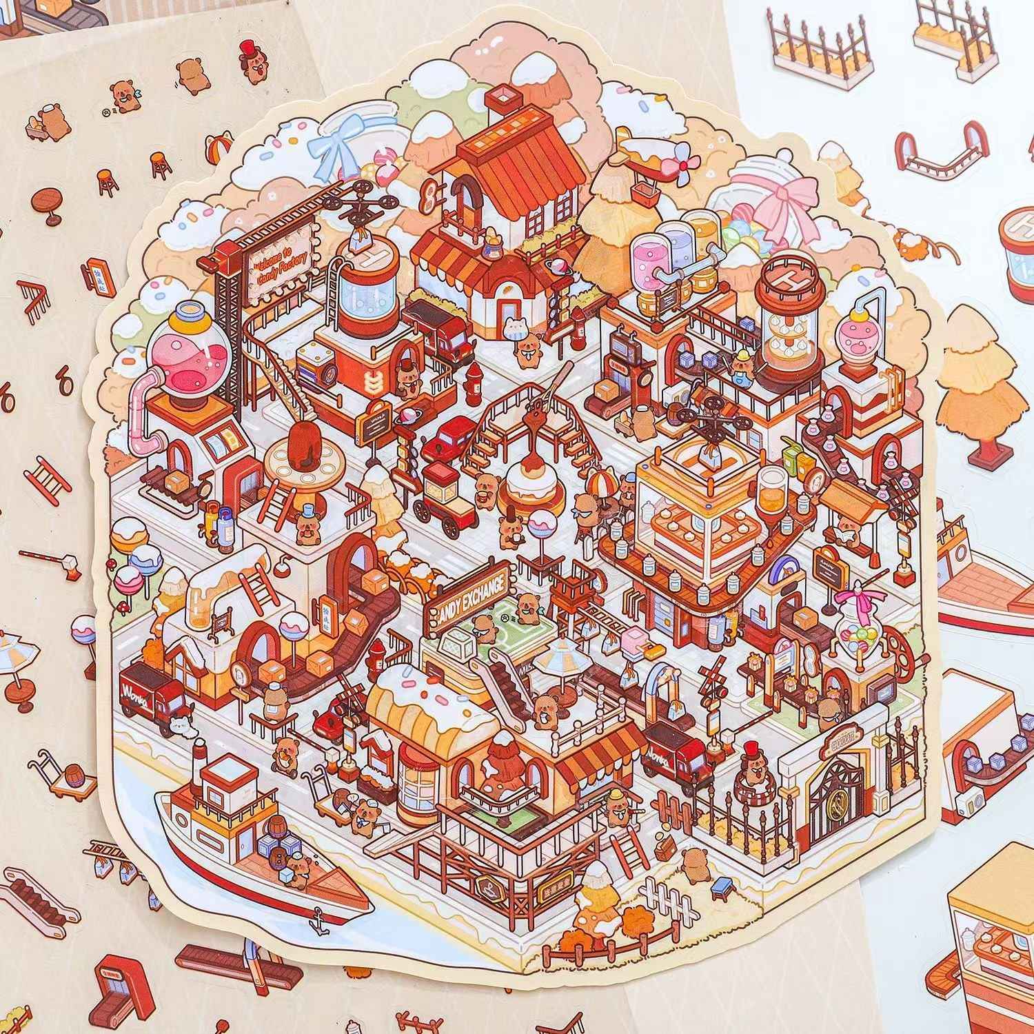 Plus Cute Capybara – 3D Miniature Sticker Scenes - 3 Theme Sets: Chocolate Factory | Circus | Magic Town