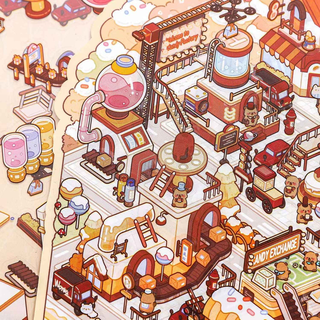 Plus Cute Capybara – 3D Miniature Sticker Scenes - 3 Theme Sets: Chocolate Factory | Circus | Magic Town