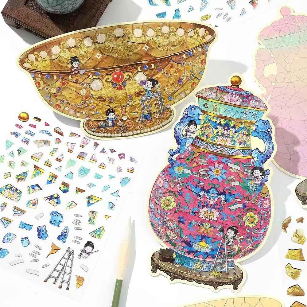 Plus Antique Restoration – 3D Miniature Scene Stickers – 6 Theme: Golden Bowl | Wishful Vase | Ancient Censer | Vintage Wine Pot | Blue-and-White Porcelain Vase | Phoenix Crown