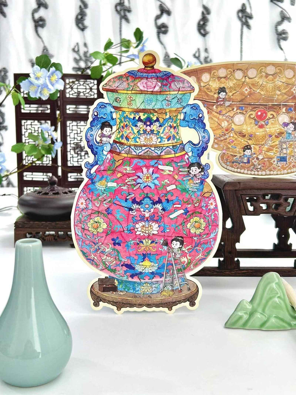 Plus Antique Restoration – 3D Miniature Scene Stickers – 6 Theme: Golden Bowl | Wishful Vase | Ancient Censer | Vintage Wine Pot | Blue-and-White Porcelain Vase | Phoenix Crown