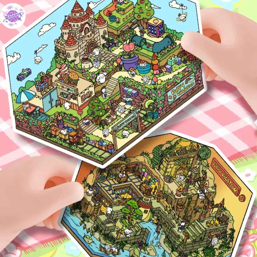 Plus Puppy Vacation 5.0 – 3D Miniature Sticker Scenes - 2 Theme Sets: Mine Adventure | Theme Park