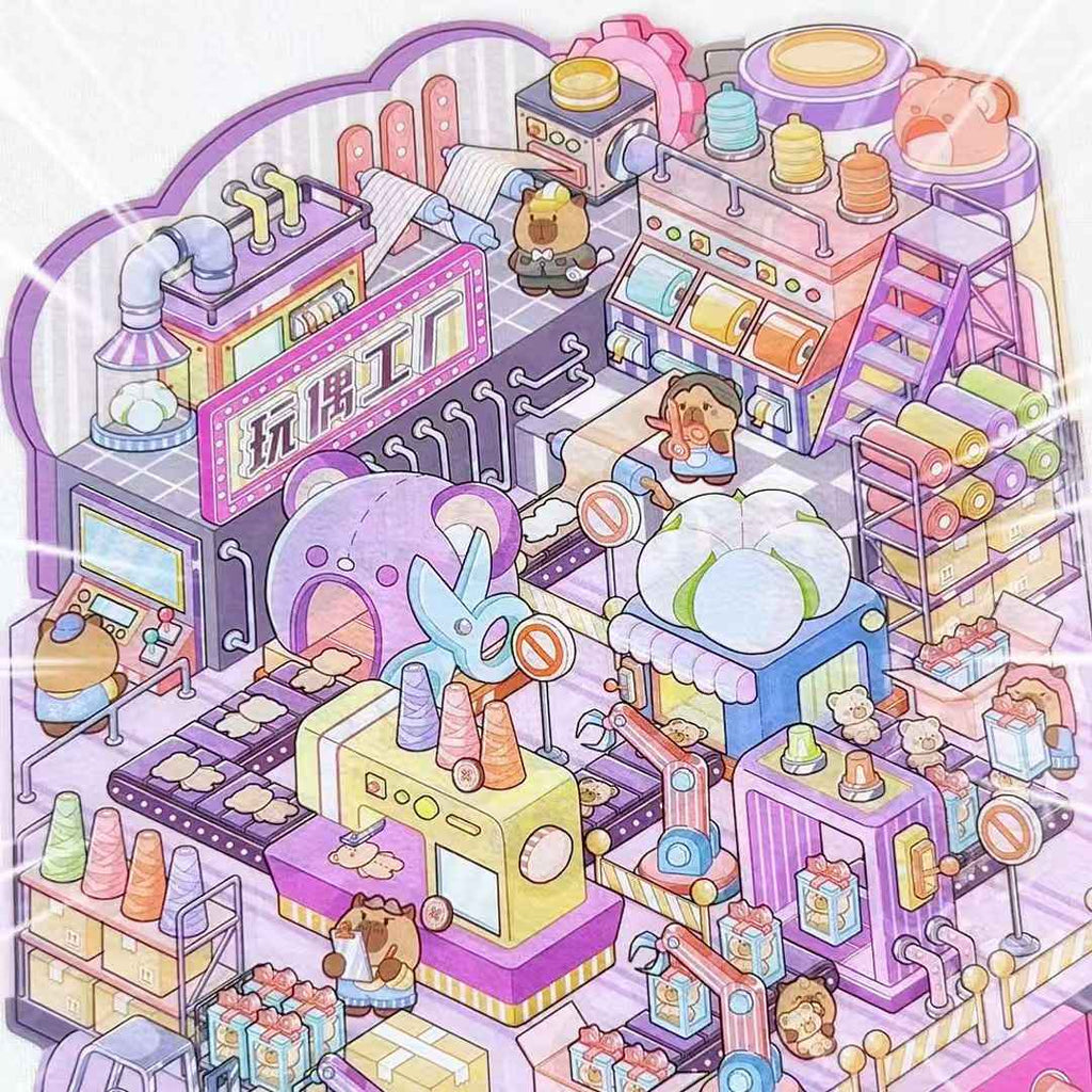 Capybara Factory Series – 3D Miniature Sticker Scenes - 4 Theme Sets: Doll Factory | Dessert Factory | Robot Factory | Egg Factory