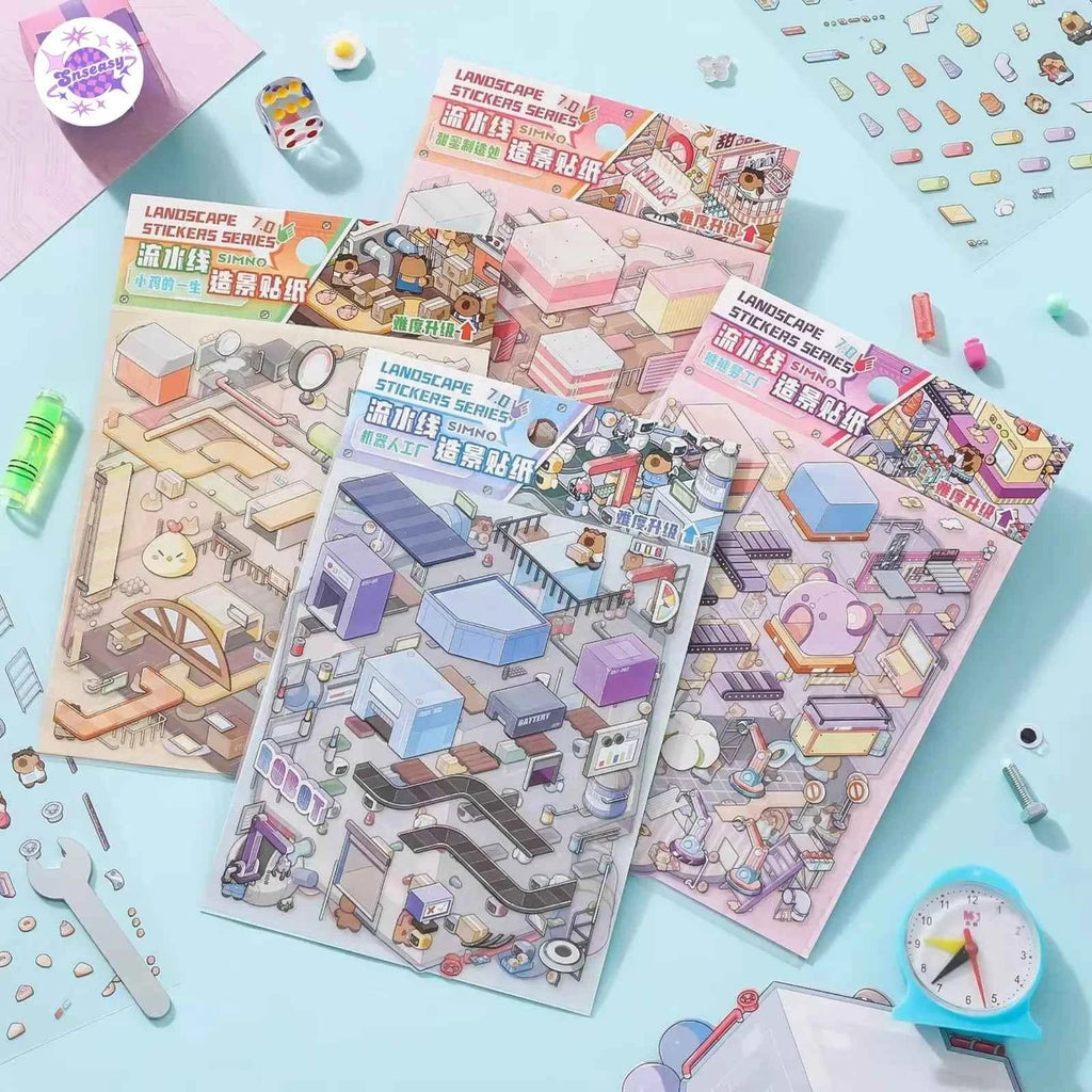 Capybara Factory Series – 3D Miniature Sticker Scenes - 4 Theme Sets: Doll Factory | Dessert Factory | Robot Factory | Egg Factory
