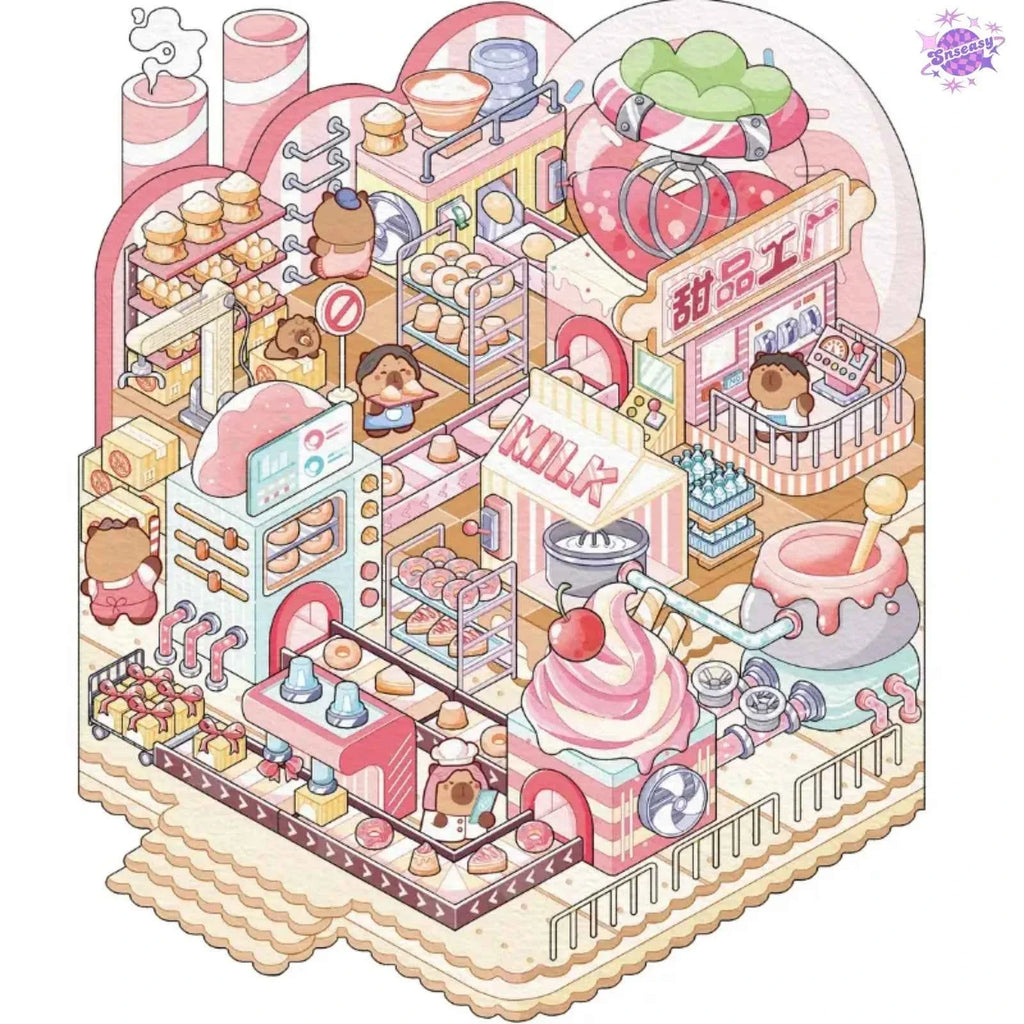 Capybara Factory Series – 3D Miniature Sticker Scenes - 4 Theme Sets: Doll Factory | Dessert Factory | Robot Factory | Egg Factory