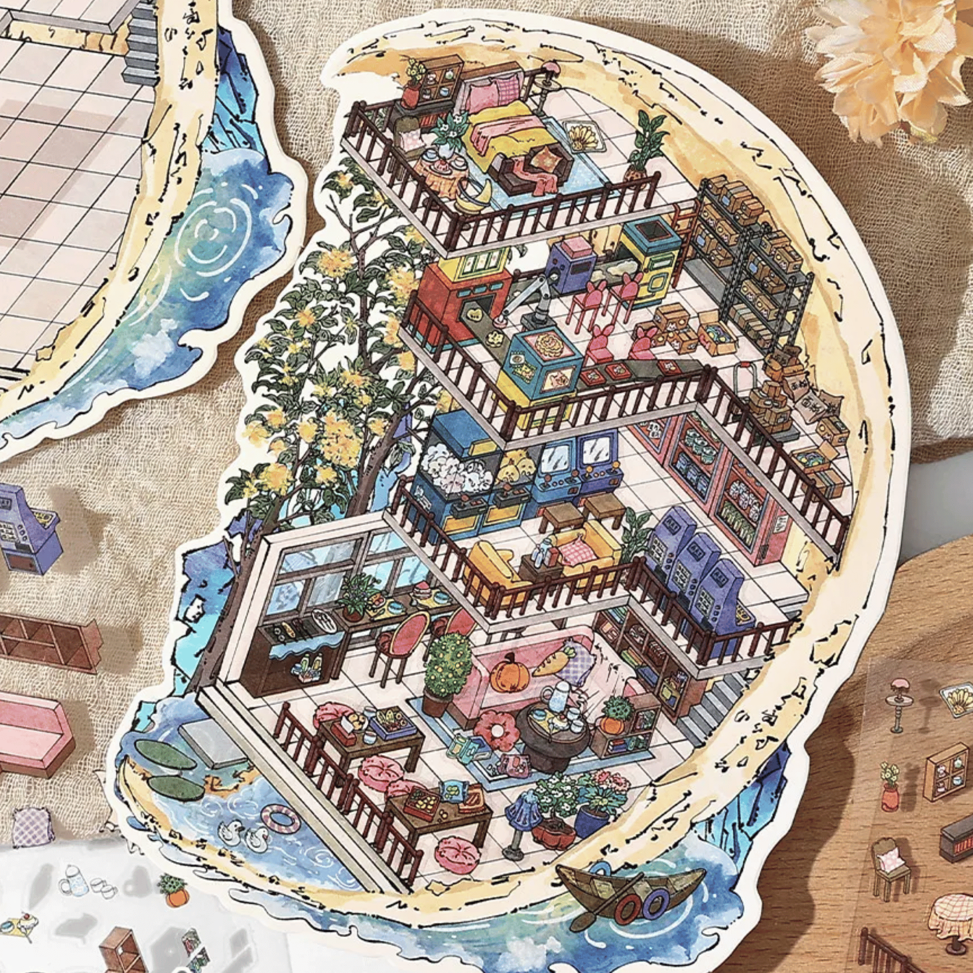 Traditional Chinese Vintage Houses – 3D Sticker Scenes - 4 Theme Sets: Stone House in the Mountains | Thatched Cottage | Bamboo Forest Retreat | Moon Island Villa