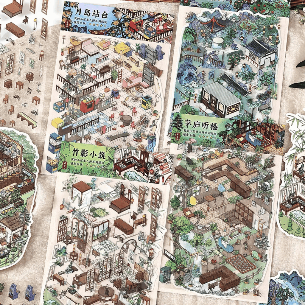 Traditional Chinese Vintage Houses – 3D Sticker Scenes - 4 Theme Sets: Stone House in the Mountains | Thatched Cottage | Bamboo Forest Retreat | Moon Island Villa