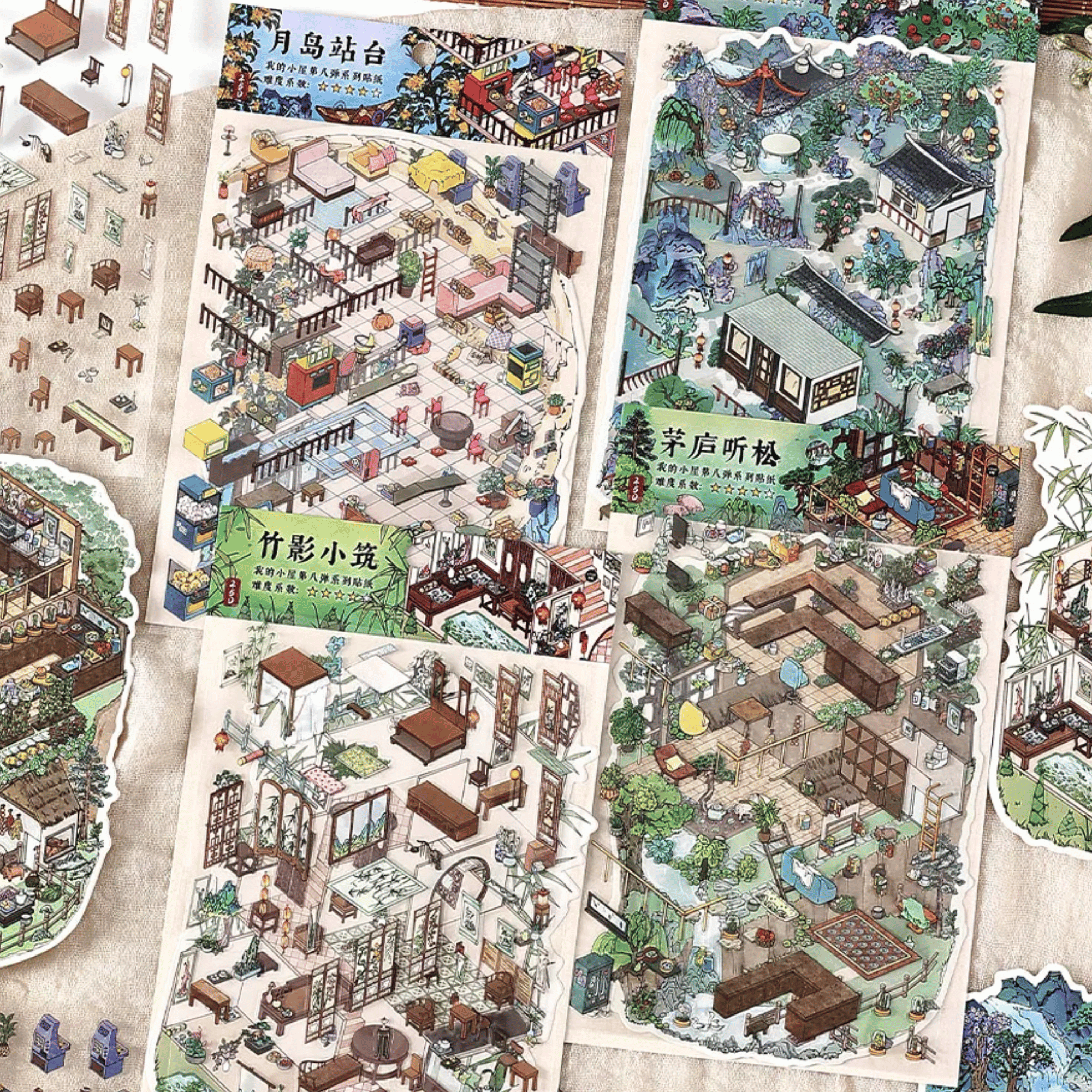 Traditional Chinese Vintage Houses – 3D Sticker Scenes - 4 Theme Sets: Stone House in the Mountains | Thatched Cottage | Bamboo Forest Retreat | Moon Island Villa