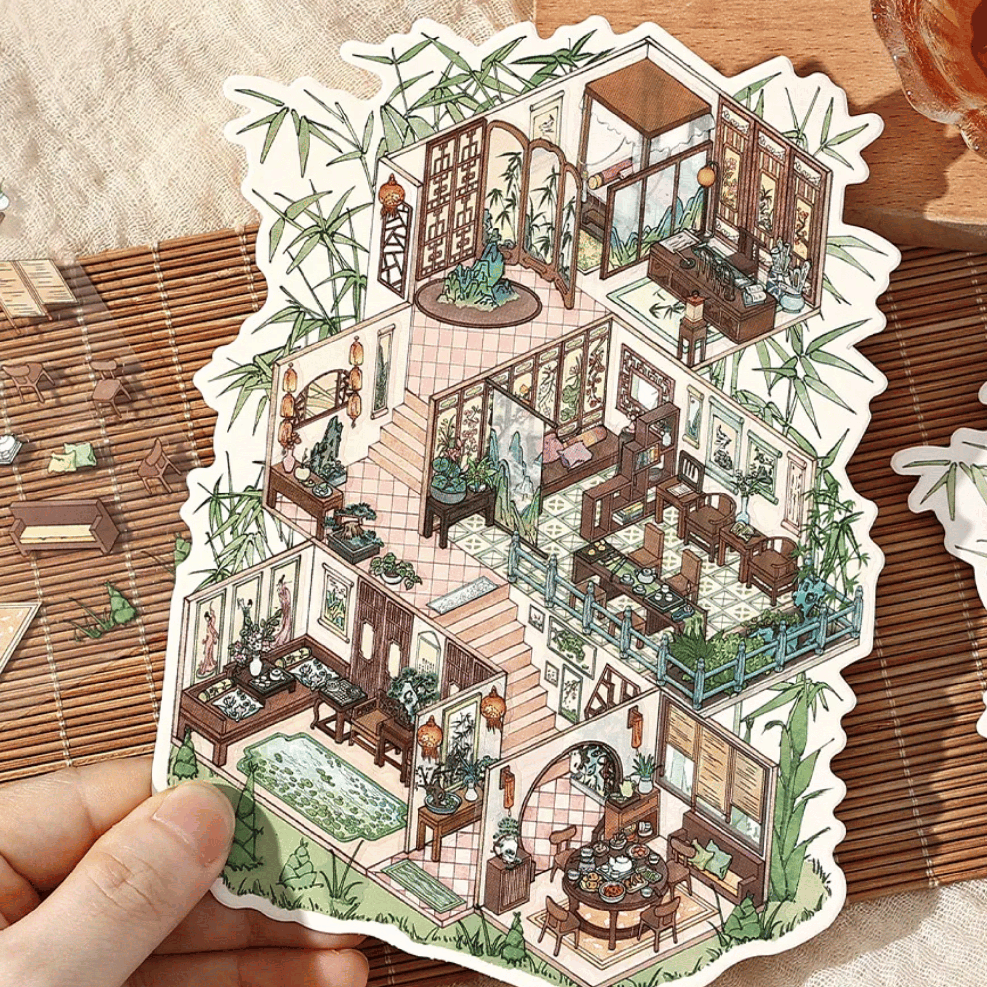 Traditional Chinese Vintage Houses – 3D Sticker Scenes - 4 Theme Sets: Stone House in the Mountains | Thatched Cottage | Bamboo Forest Retreat | Moon Island Villa
