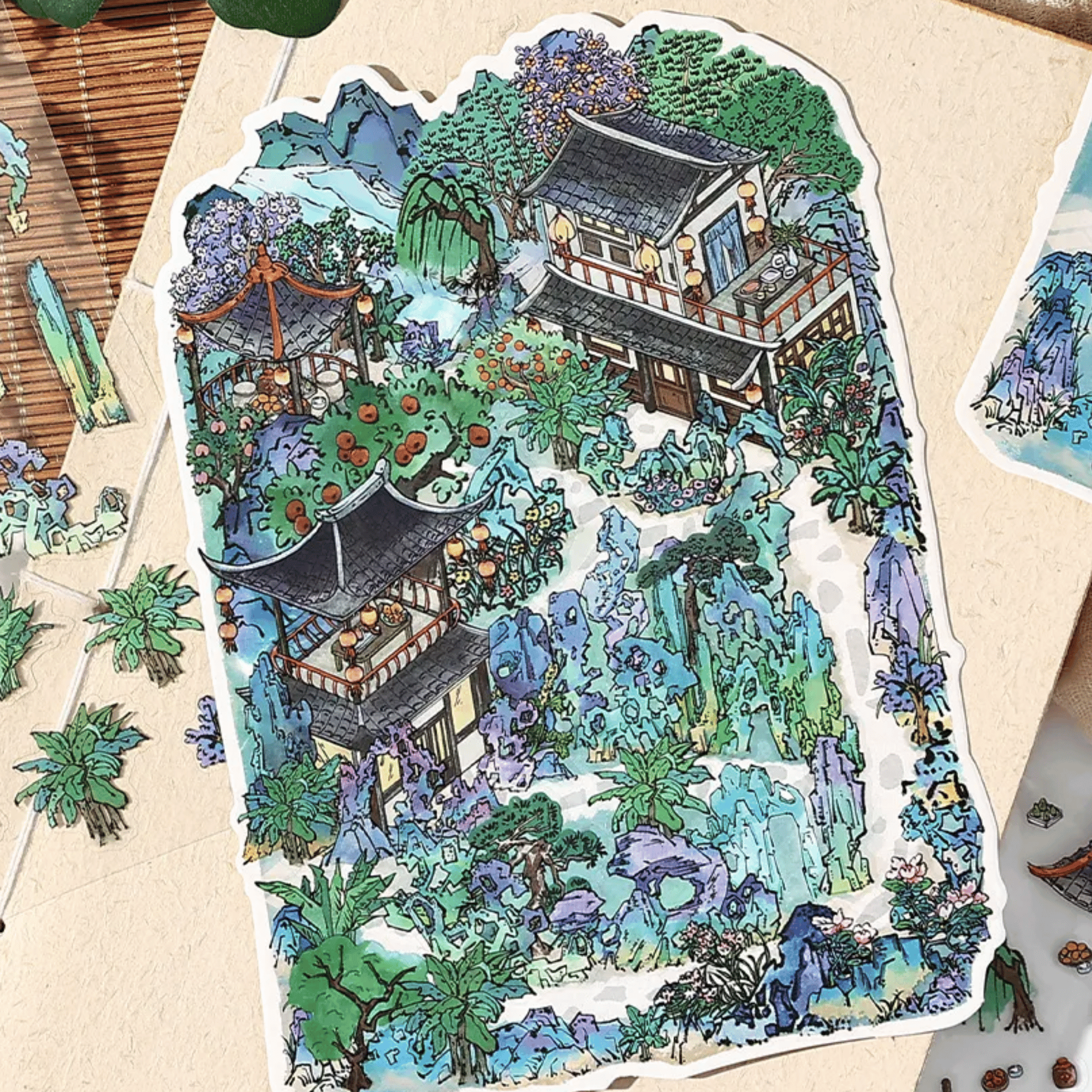Traditional Chinese Vintage Houses – 3D Sticker Scenes - 4 Theme Sets: Stone House in the Mountains | Thatched Cottage | Bamboo Forest Retreat | Moon Island Villa