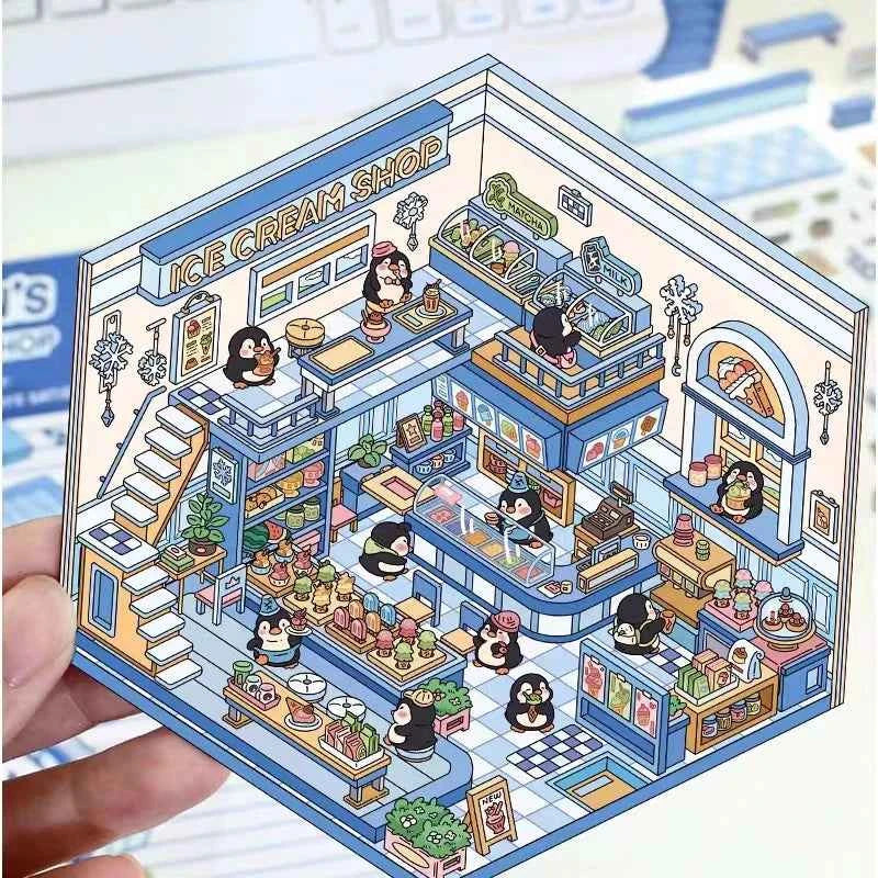 Forest Animal 3D Stickers - 4 Theme Sets: Coffee Cat Loft | Pink Hut | Penguin Ice Cream Hut | Bunny Store