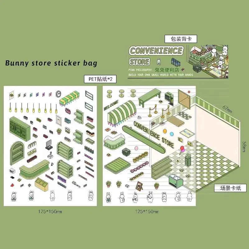 Forest Animal 3D Stickers - 4 Theme Sets: Coffee Cat Loft | Pink Hut | Penguin Ice Cream Hut | Bunny Store