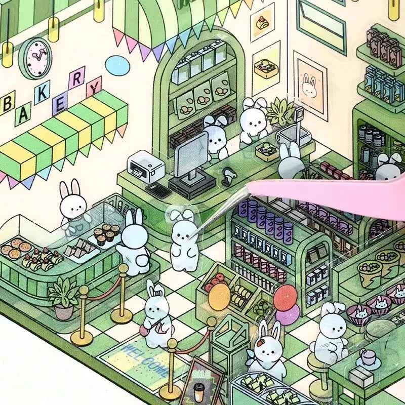 Forest Animal 3D Stickers - 4 Theme Sets: Coffee Cat Loft | Pink Hut | Penguin Ice Cream Hut | Bunny Store