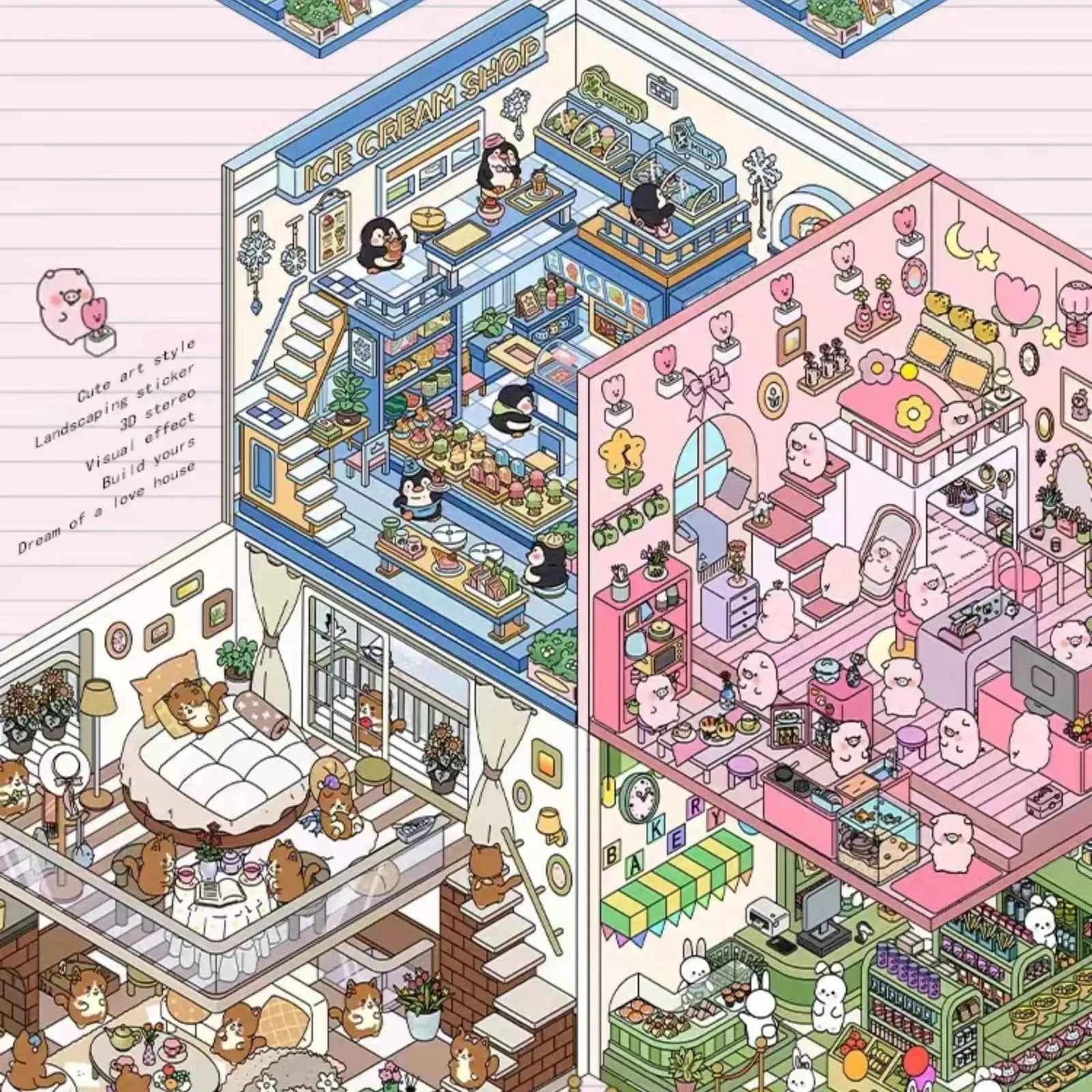 Forest Animal 3D Stickers - 4 Theme Sets: Coffee Cat Loft | Pink Hut | Penguin Ice Cream Hut | Bunny Store