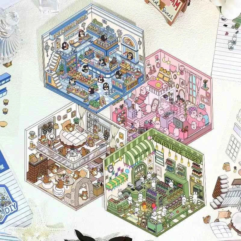 Forest Animal 3D Stickers - 4 Theme Sets: Coffee Cat Loft | Pink Hut | Penguin Ice Cream Hut | Bunny Store