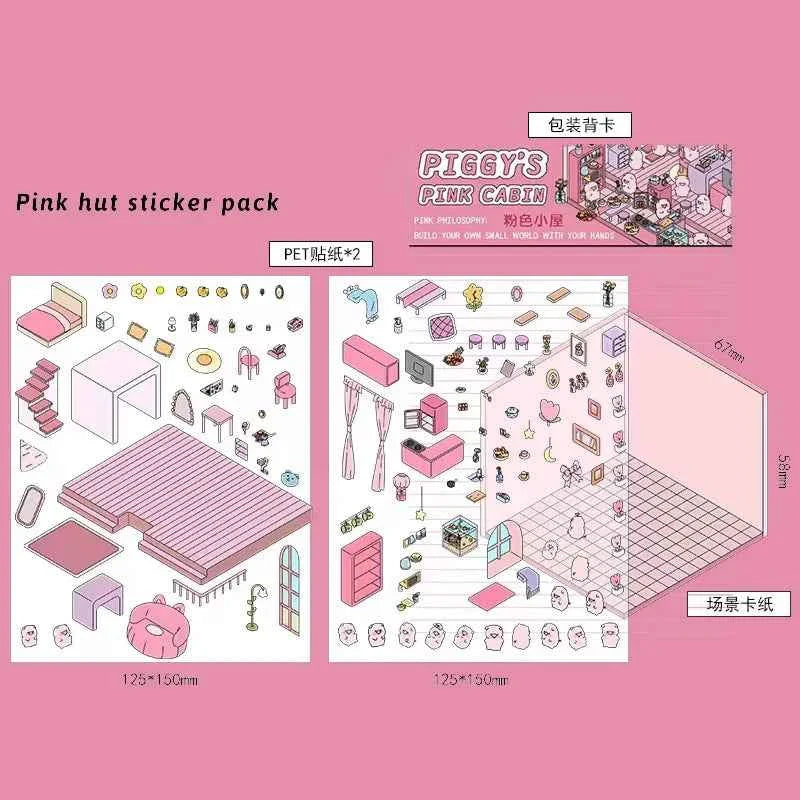 Forest Animal 3D Stickers - 4 Theme Sets: Coffee Cat Loft | Pink Hut | Penguin Ice Cream Hut | Bunny Store