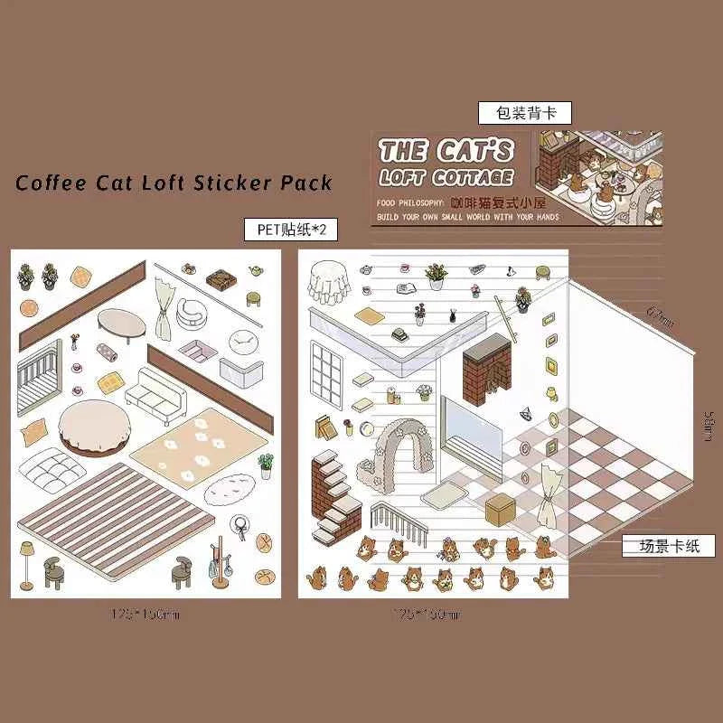 Forest Animal 3D Stickers - 4 Theme Sets: Coffee Cat Loft | Pink Hut | Penguin Ice Cream Hut | Bunny Store