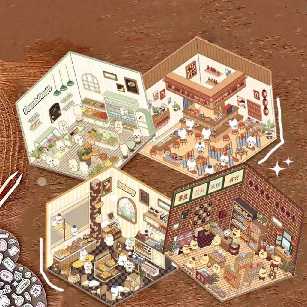 Miniature World 3D Scene Stickers - 4 Theme Sets: Izakaya | Convenience Store | Fresh Fruit | Bakery Shop