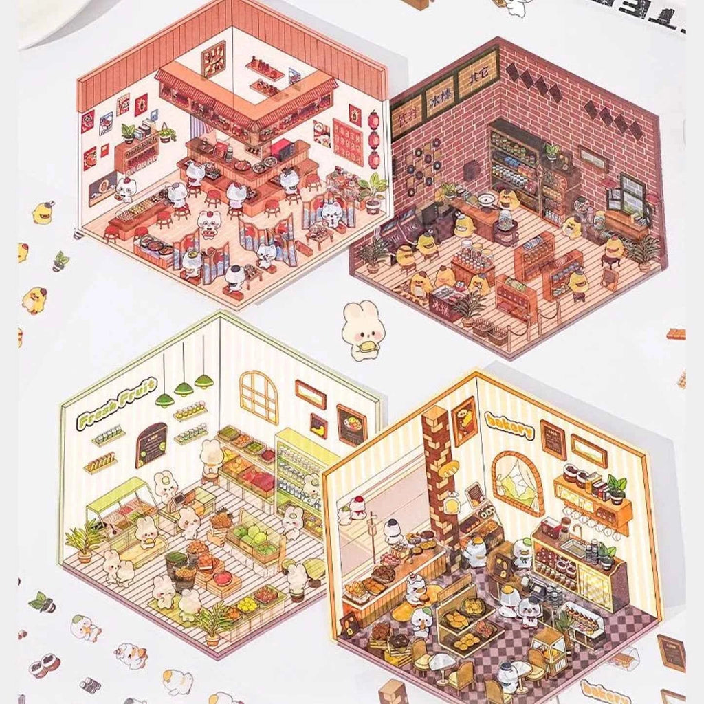 Miniature World 3D Scene Stickers - 4 Theme Sets: Izakaya | Convenience Store | Fresh Fruit | Bakery Shop