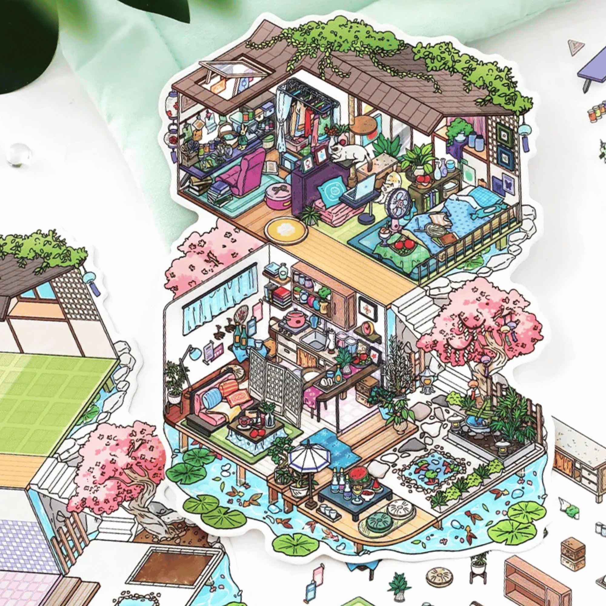 My Leisure Two-Story House – 3D Sticker Scenes - 4 Theme Sets: Sunshine Greenhouse | Japanese Cottage | Summer House | Sunny Coast