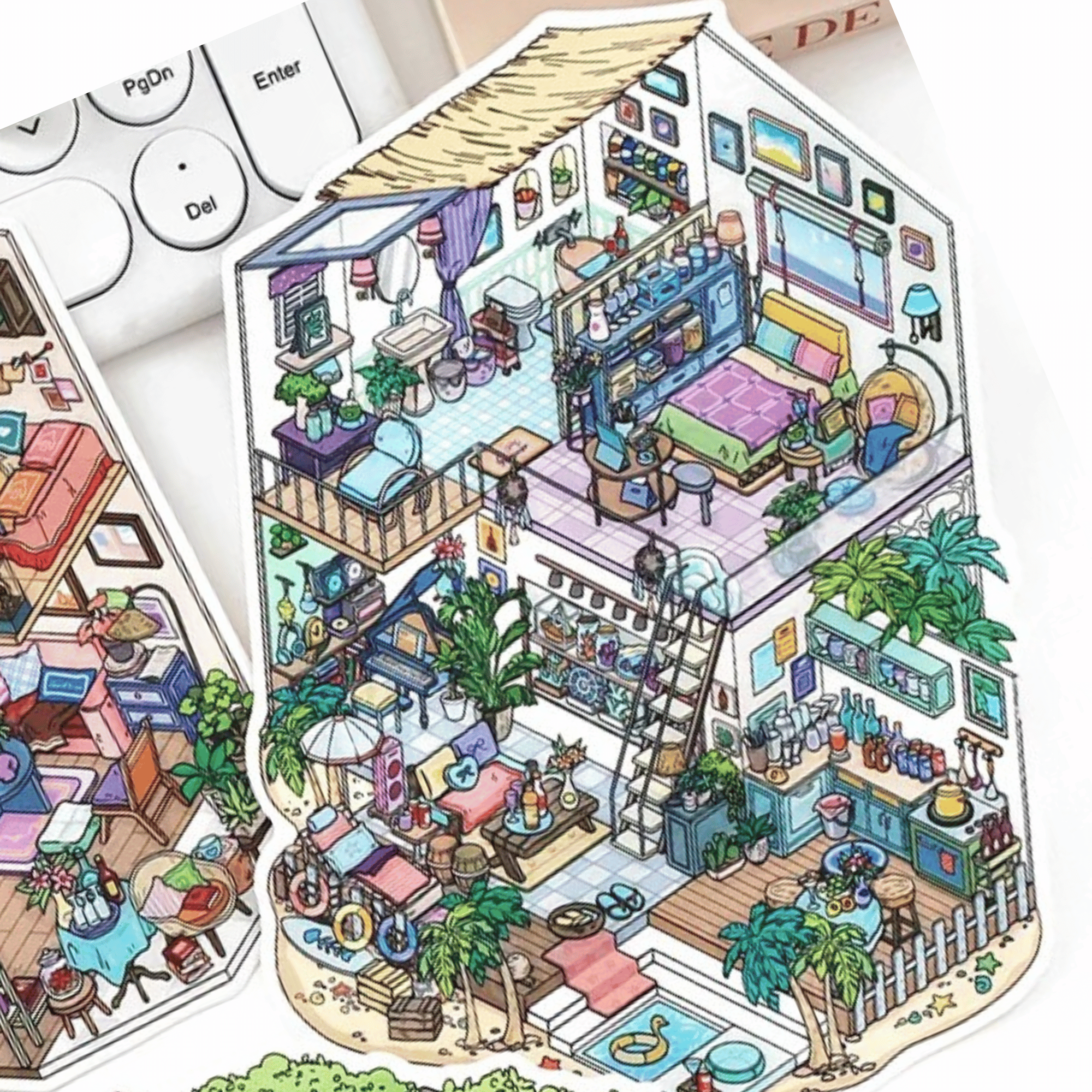 My Leisure Two-Story House – 3D Sticker Scenes - 4 Theme Sets: Sunshine Greenhouse | Japanese Cottage | Summer House | Sunny Coast