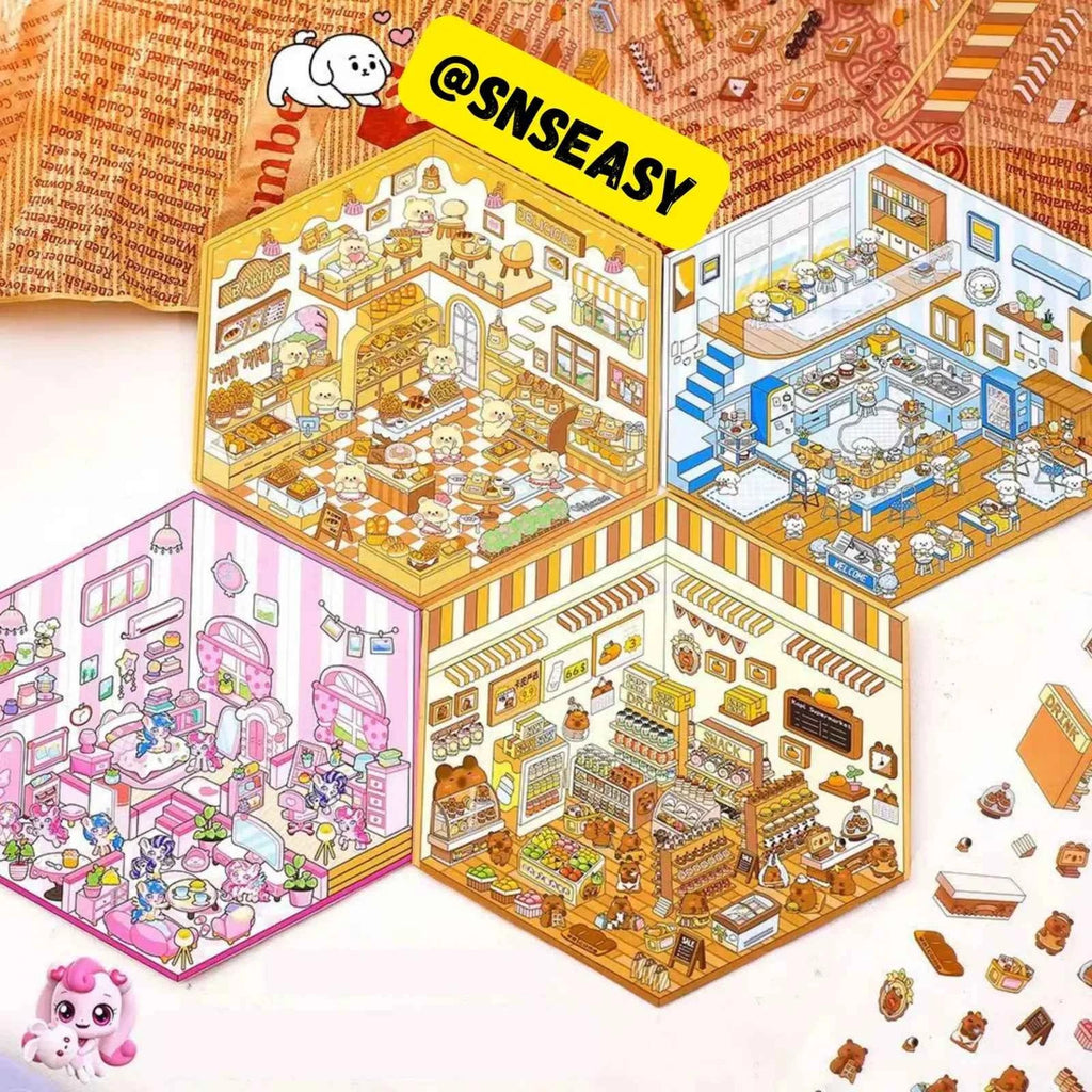 Cute Animal 3D Room Stickers - 4 Theme Sets: Pink Pony House | Bear Bakery | Puppy Restaurant | Capybara Supermarket