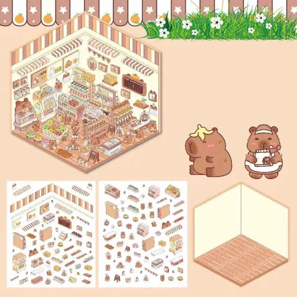 Cute Animal 3D Room Stickers - 4 Theme Sets: Pink Pony House | Bear Bakery | Puppy Restaurant | Capybara Supermarket