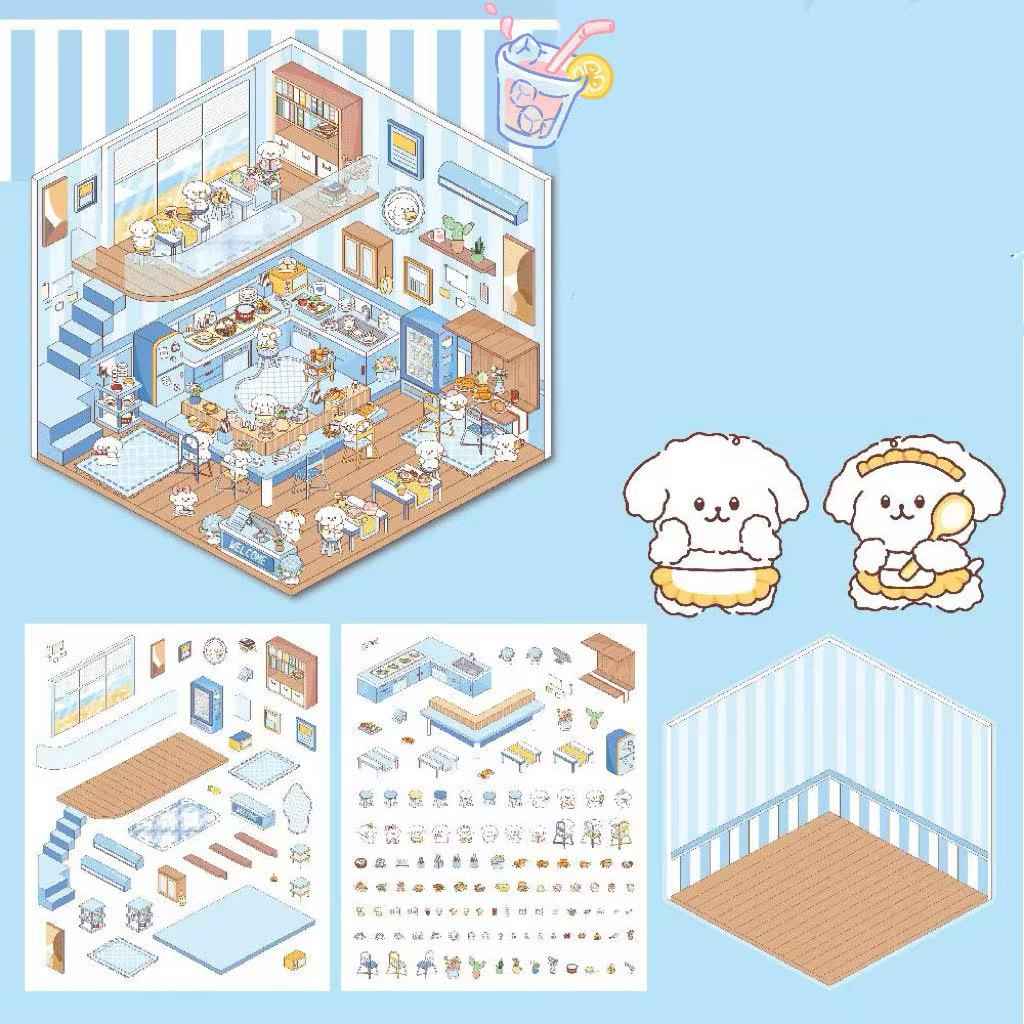Cute Animal 3D Room Stickers - 4 Theme Sets: Pink Pony House | Bear Bakery | Puppy Restaurant | Capybara Supermarket