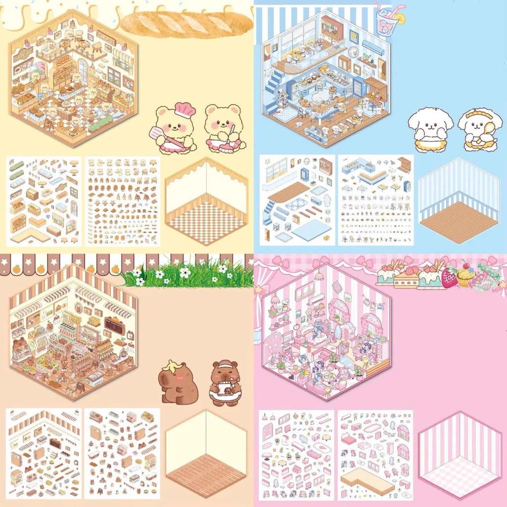 Cute Animal 3D Room Stickers - 4 Theme Sets: Pink Pony House | Bear Bakery | Puppy Restaurant | Capybara Supermarket