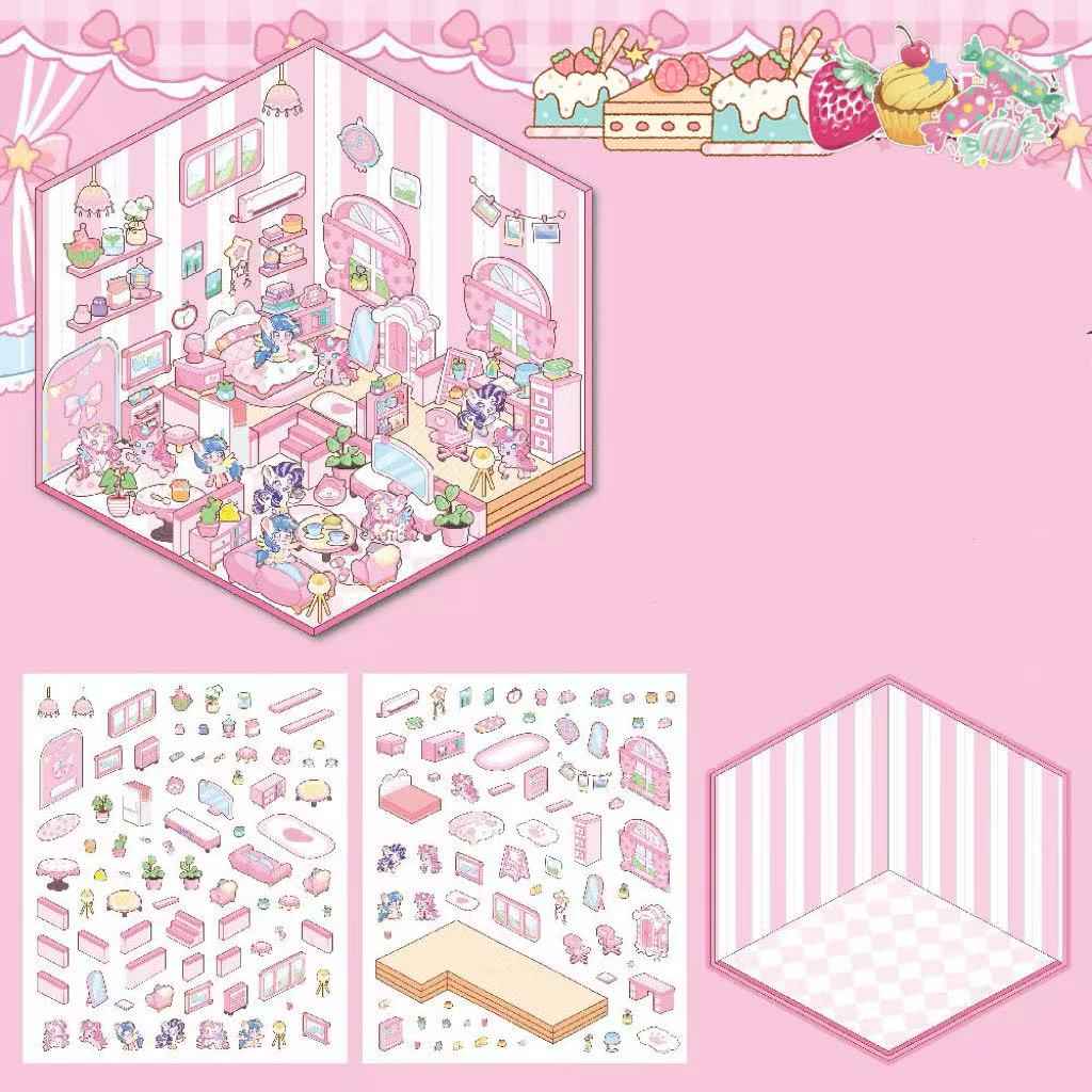 Cute Animal 3D Room Stickers - 4 Theme Sets: Pink Pony House | Bear Bakery | Puppy Restaurant | Capybara Supermarket