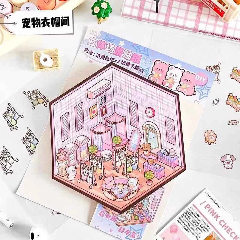 Korean Style Puppy 3D Room Stickers - 4 Theme Sets: Puppy Clothing Shop | Puppy House | Puppy Dessert Shop | Puppy Library