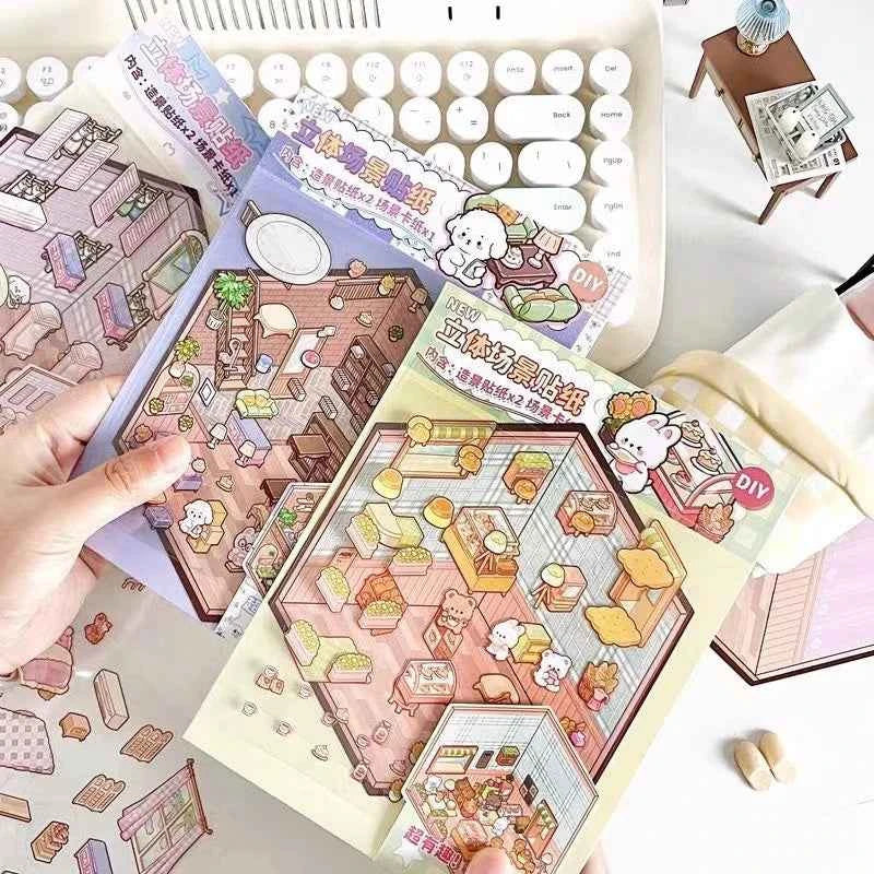 Korean Style Puppy 3D Room Stickers - 4 Theme Sets: Puppy Clothing Shop | Puppy House | Puppy Dessert Shop | Puppy Library