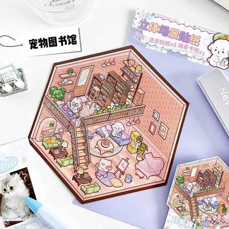 Korean Style Puppy 3D Room Stickers - 4 Theme Sets: Puppy Clothing Shop | Puppy House | Puppy Dessert Shop | Puppy Library
